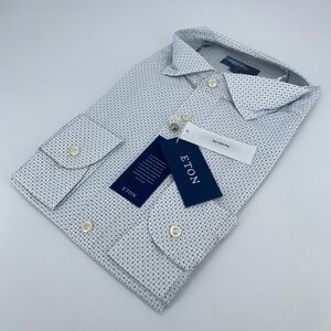 Eton Dress Shirt Men XL 17 1/2 - 44 White Blue Paisley Poplin Slim Fit Button Up